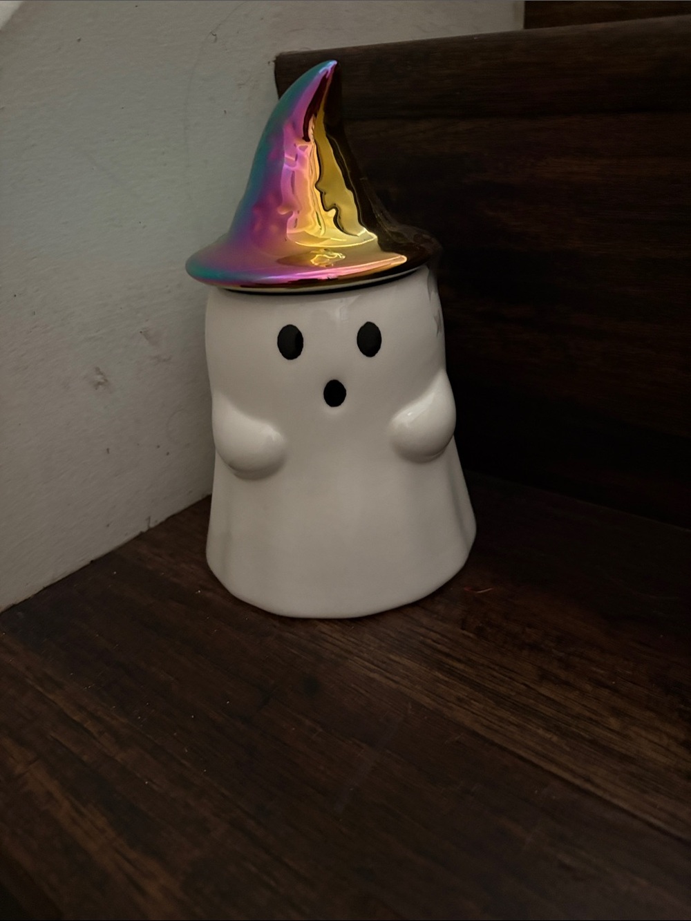 Ceramic Ghost Candy Jar with Iridescent Witch Hat - White
